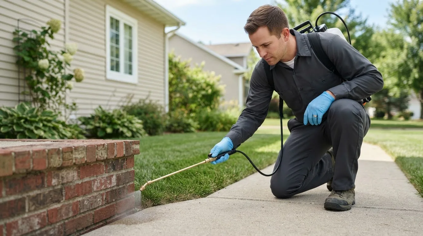 Pest control technician treating a home near Palm Desert, CA