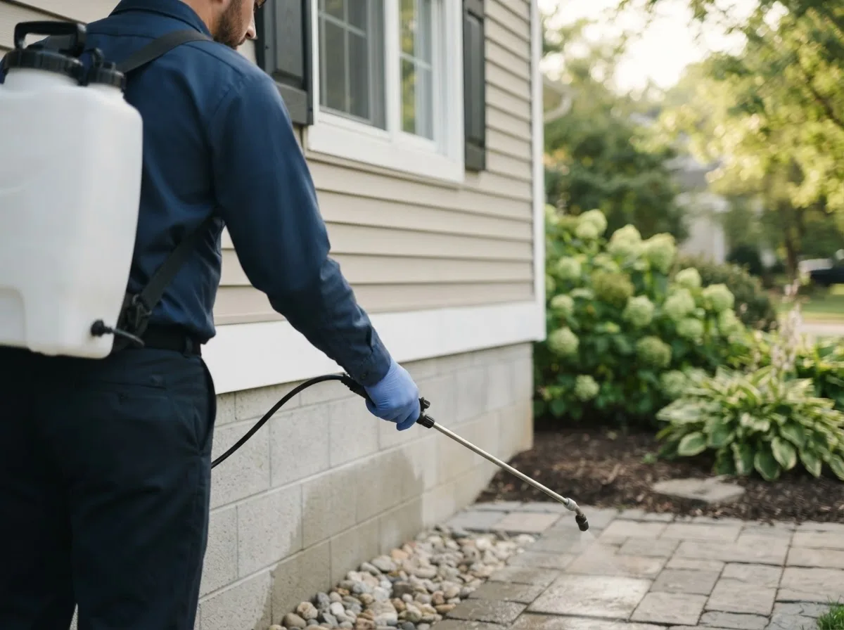 Pest control technician inspecting a home in Palm Desert, CA